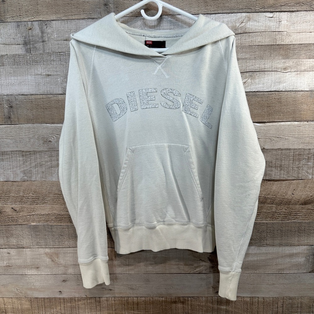 Diesel‎ Mens Off White Ivory Logo Graphic Hoodie Sweatshirt Size Large
